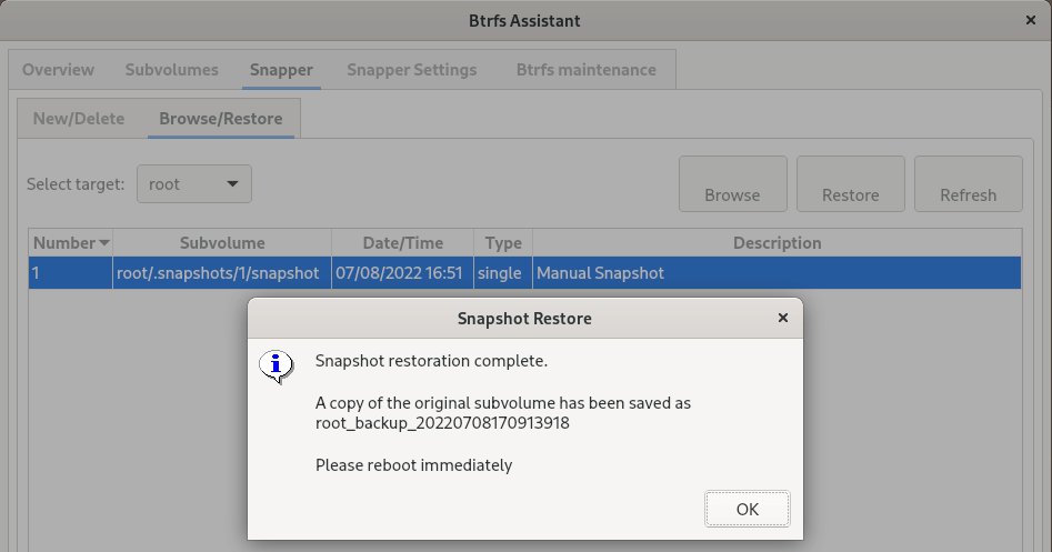 Confirmação da restauração com a ferramenta Btrfs Assistant
