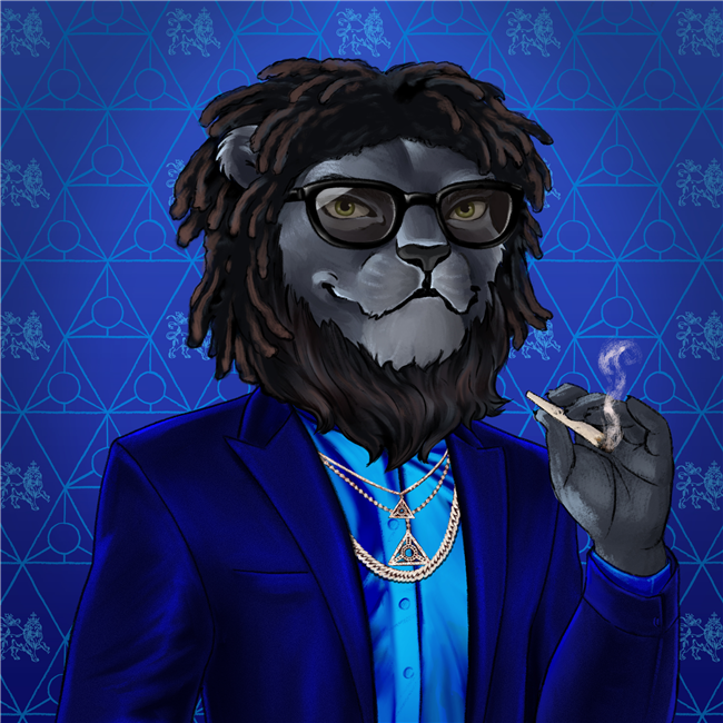 An NFT image of a male lion with black fur with dreadlock hair, blue satin shirt, and navy blue suit smoking a joint.