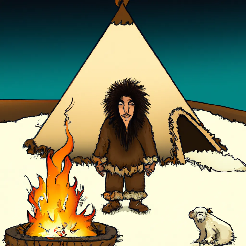 An image of a Native American in the Dakota's wearing animal furs and standing near an igloo with a fire inside.