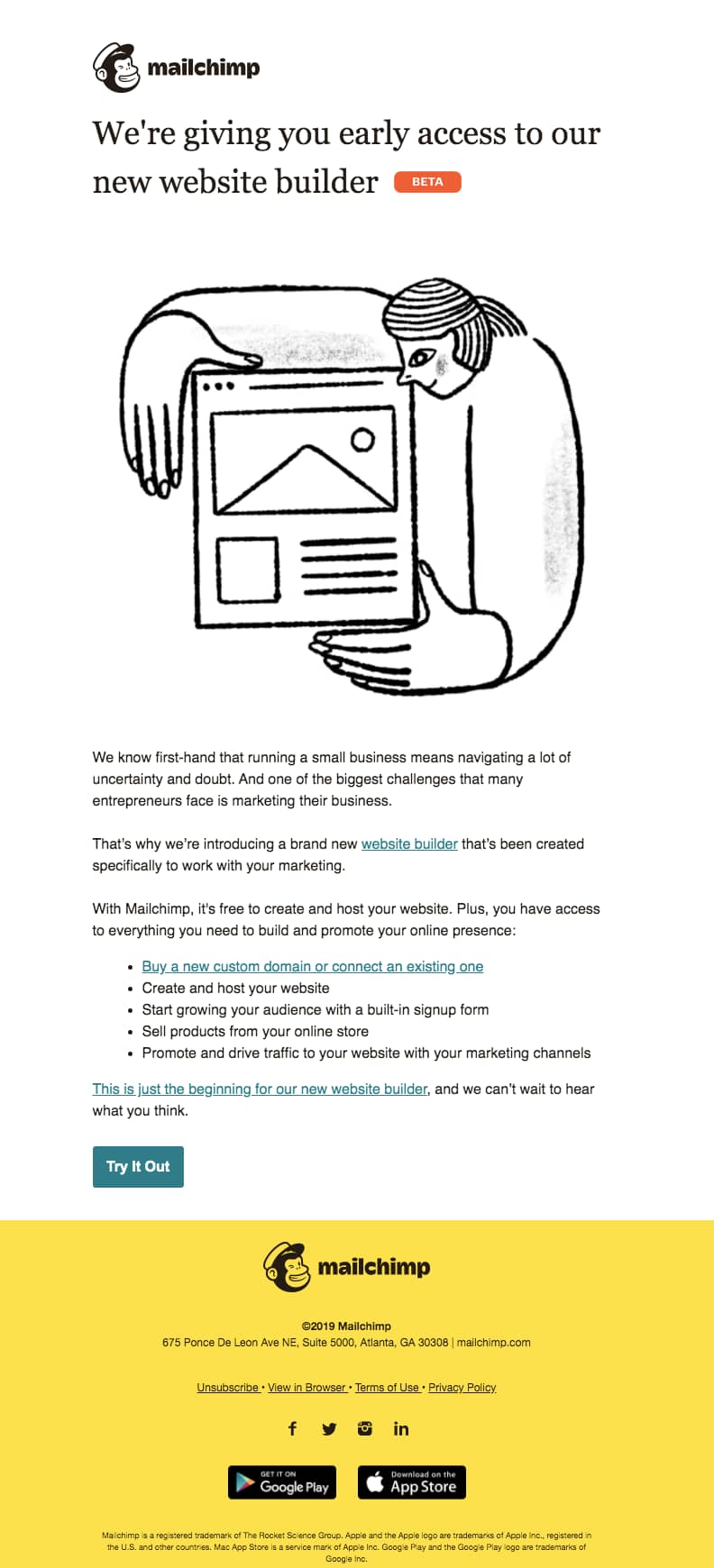 SaaS Product Launch Emails: Screenshot of Mailchimp's launch email
