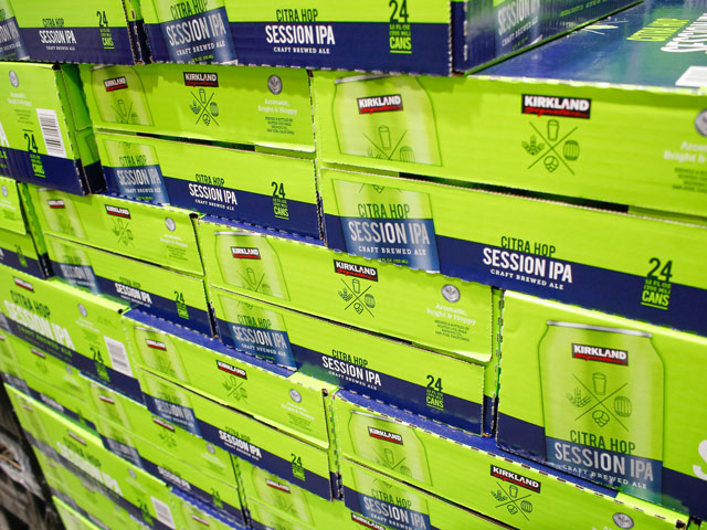 Several cases of Kirkland Citra Hop Session IPA, a Costco Brand Beer