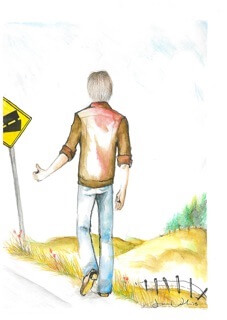 Custom artwork by Jessica Stanley depicting a hitchhiker.