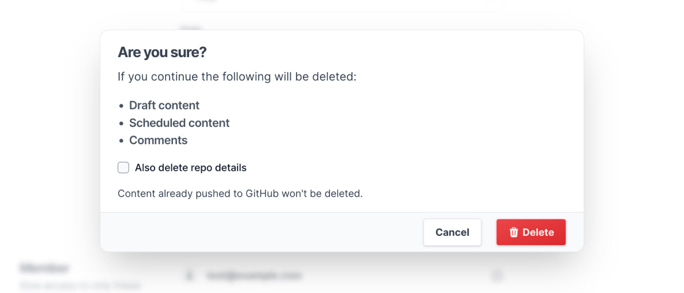Screenshot of the content type deletion modal