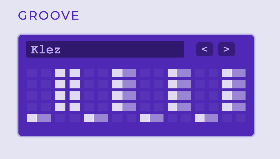 A purple box titled 'Groove' that shows different arpeggiation patterns and is currently selecting one called 'Klez.'