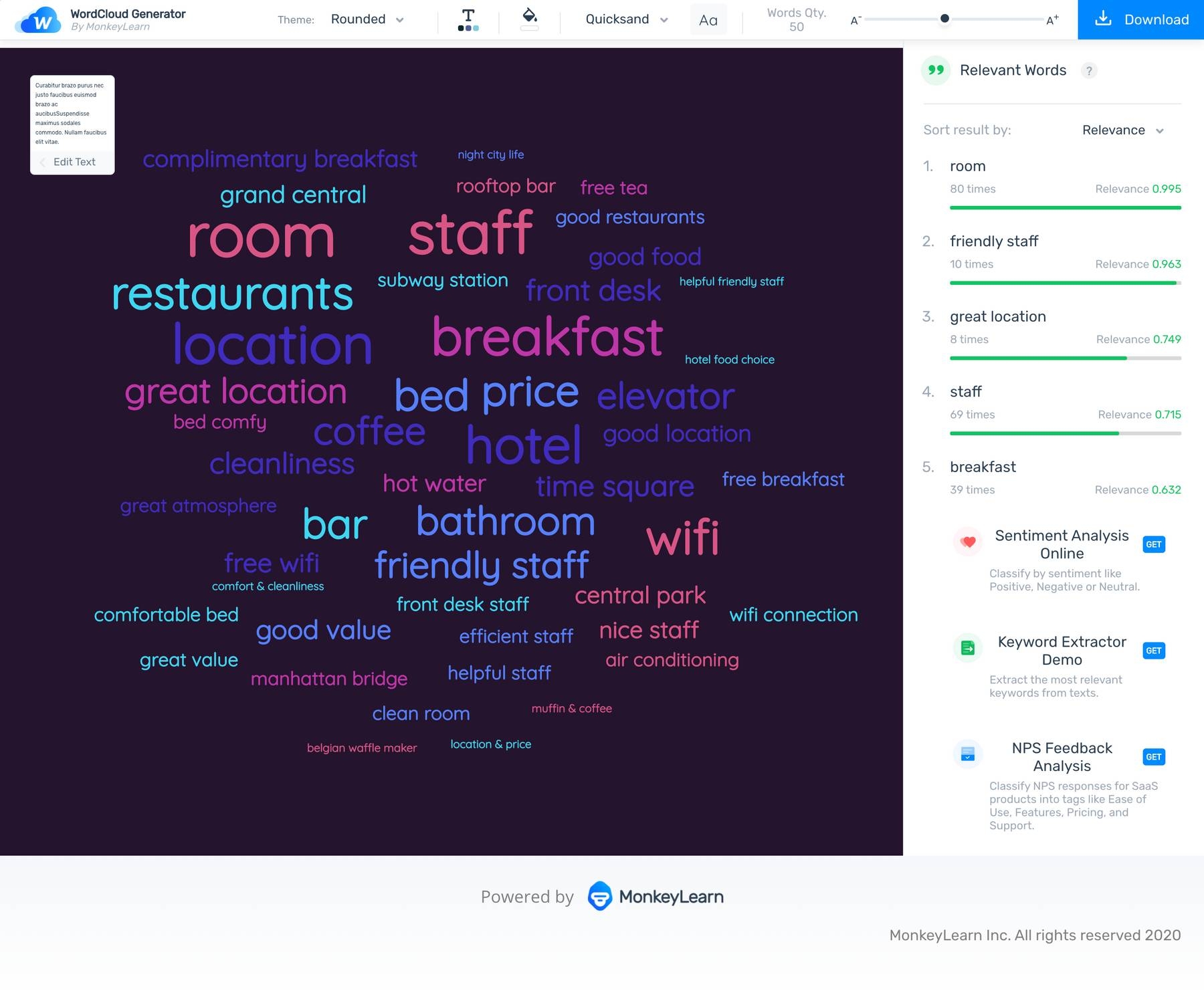 how to customize a word cloud in MonkeyLearn, by changing word quantity and color