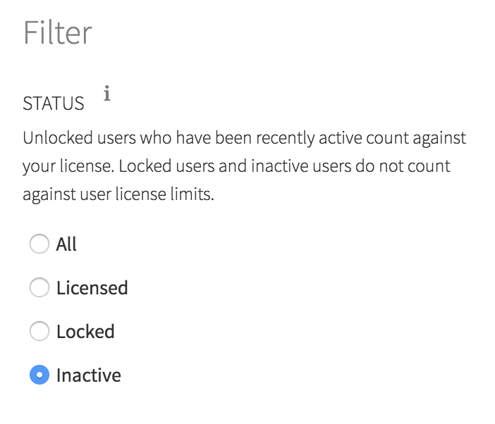 Admin user filter showing active, locked, and inactive users
