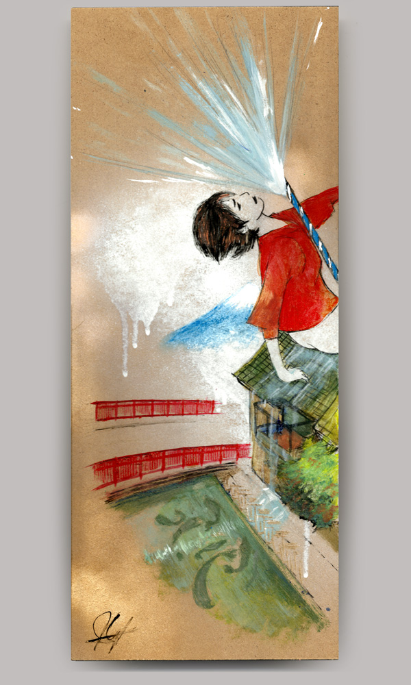 An acrylic painting on wood panel, titled 'Warm Water Under a Red Bridge', of a woman leaning back as she sits on a miniature house and a roman candle fire across her body. Water is leaking from the house into a waterway full of large fish.