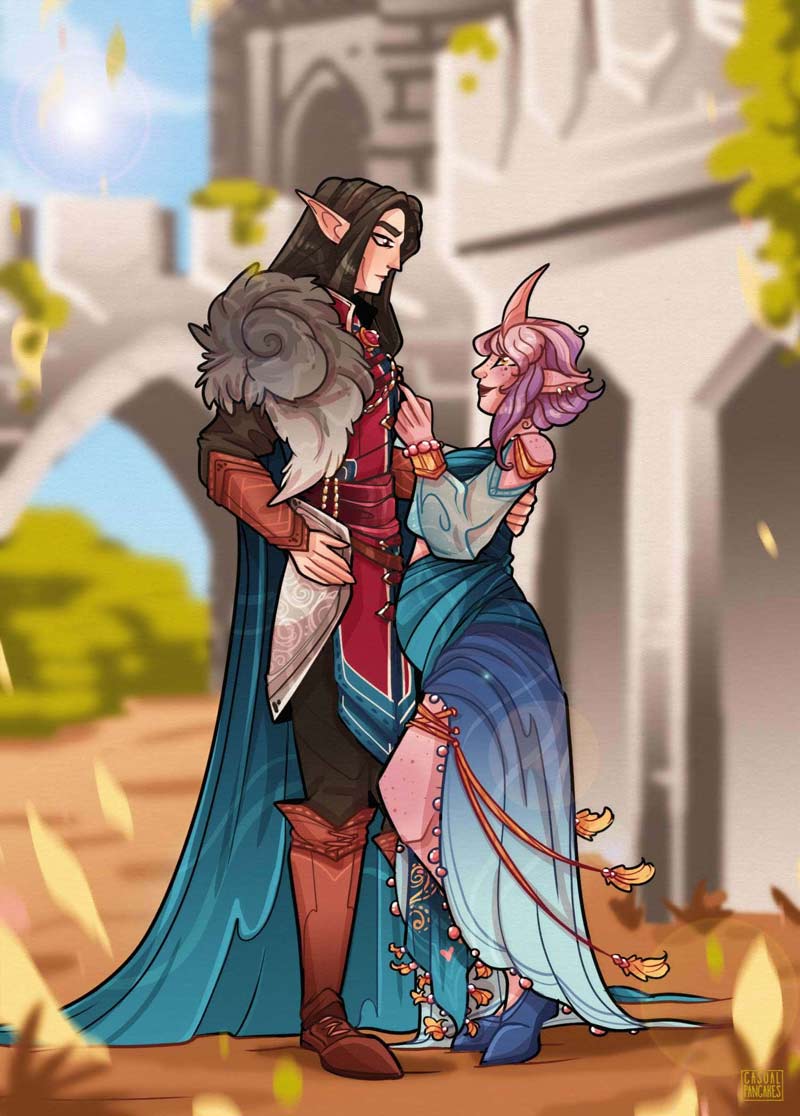 Portrait-character-design-example,-a-dungeons-and-dragonstiefling-and-elven-couple