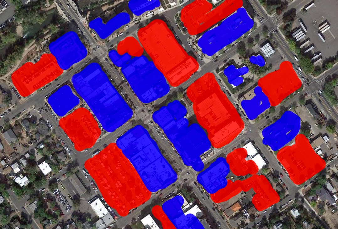 Red is parking, blue is building
