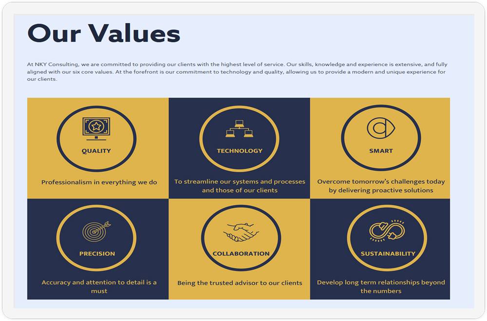 The Our Values section of the NKY Consulting website showcased on a screen