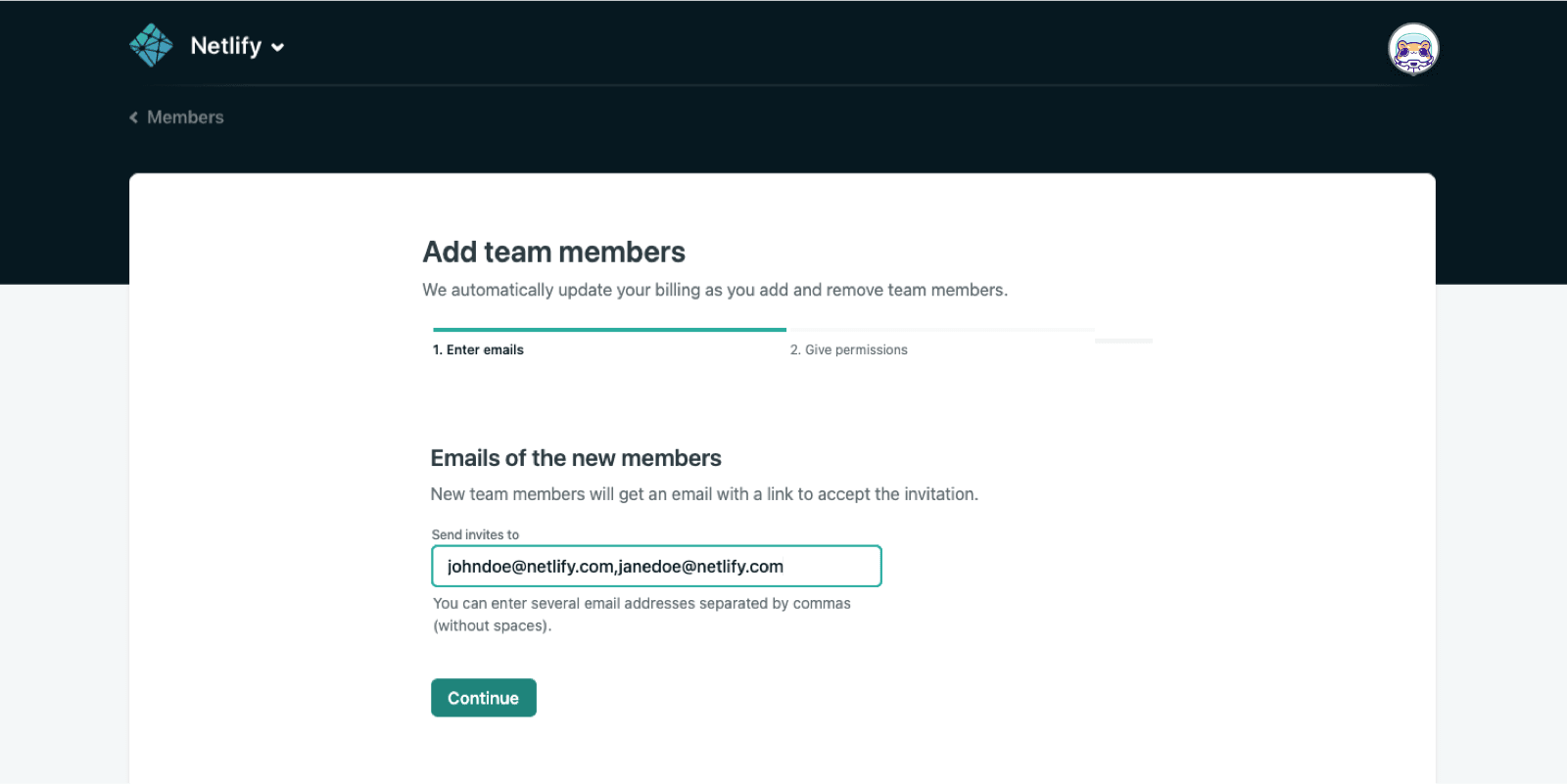 Interface to add team members asks for the emails of the new members.