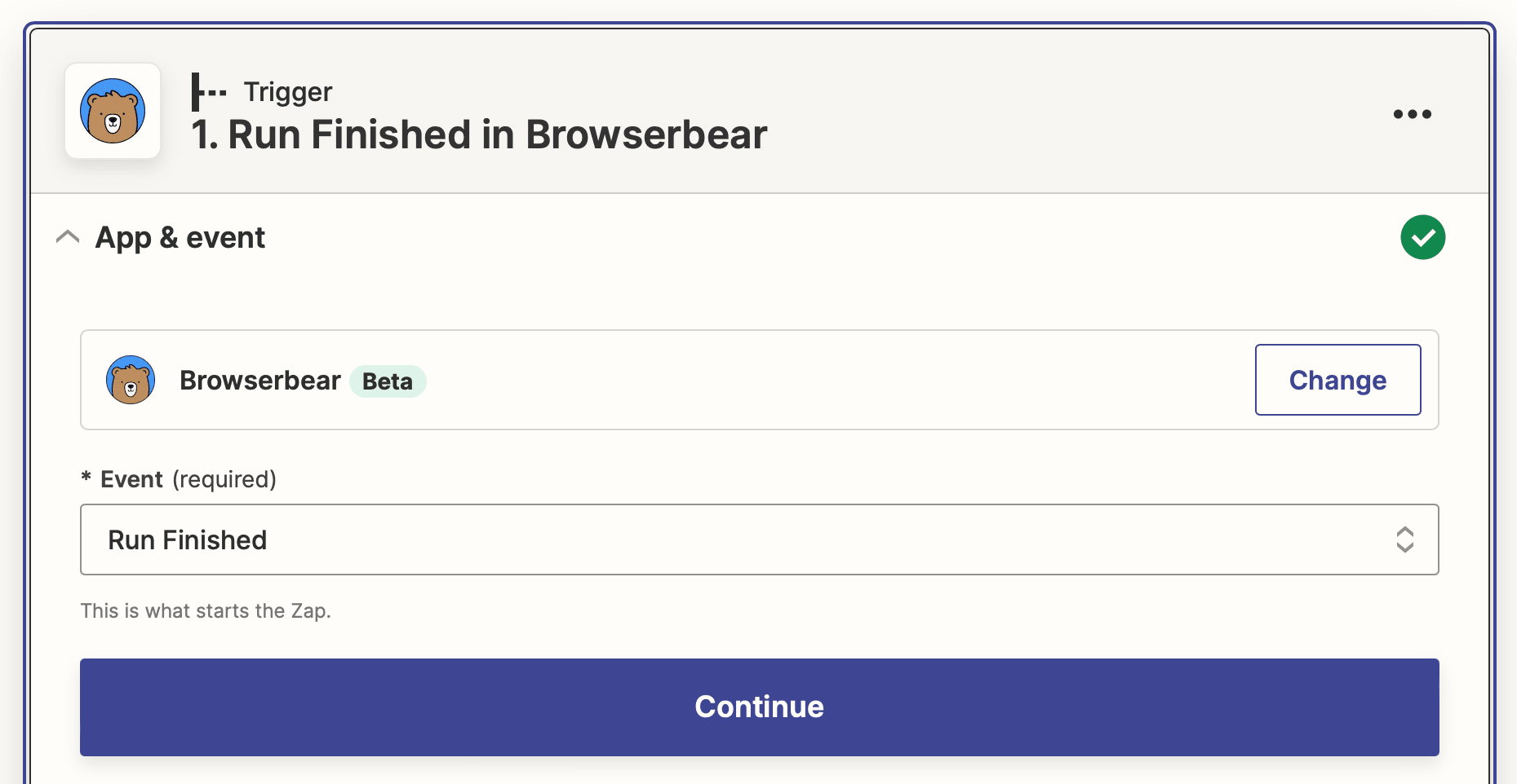 Screenshot of Zapier Browserbear run finished trigger