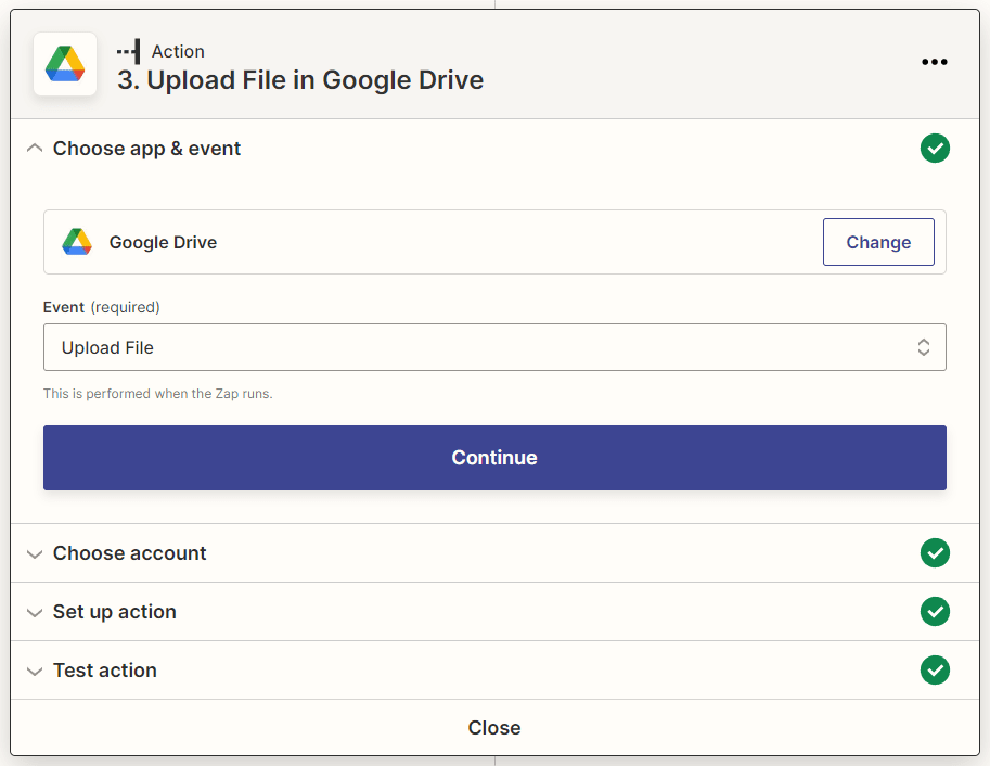 Screenshot of Zapier action to upload file in Google Drive