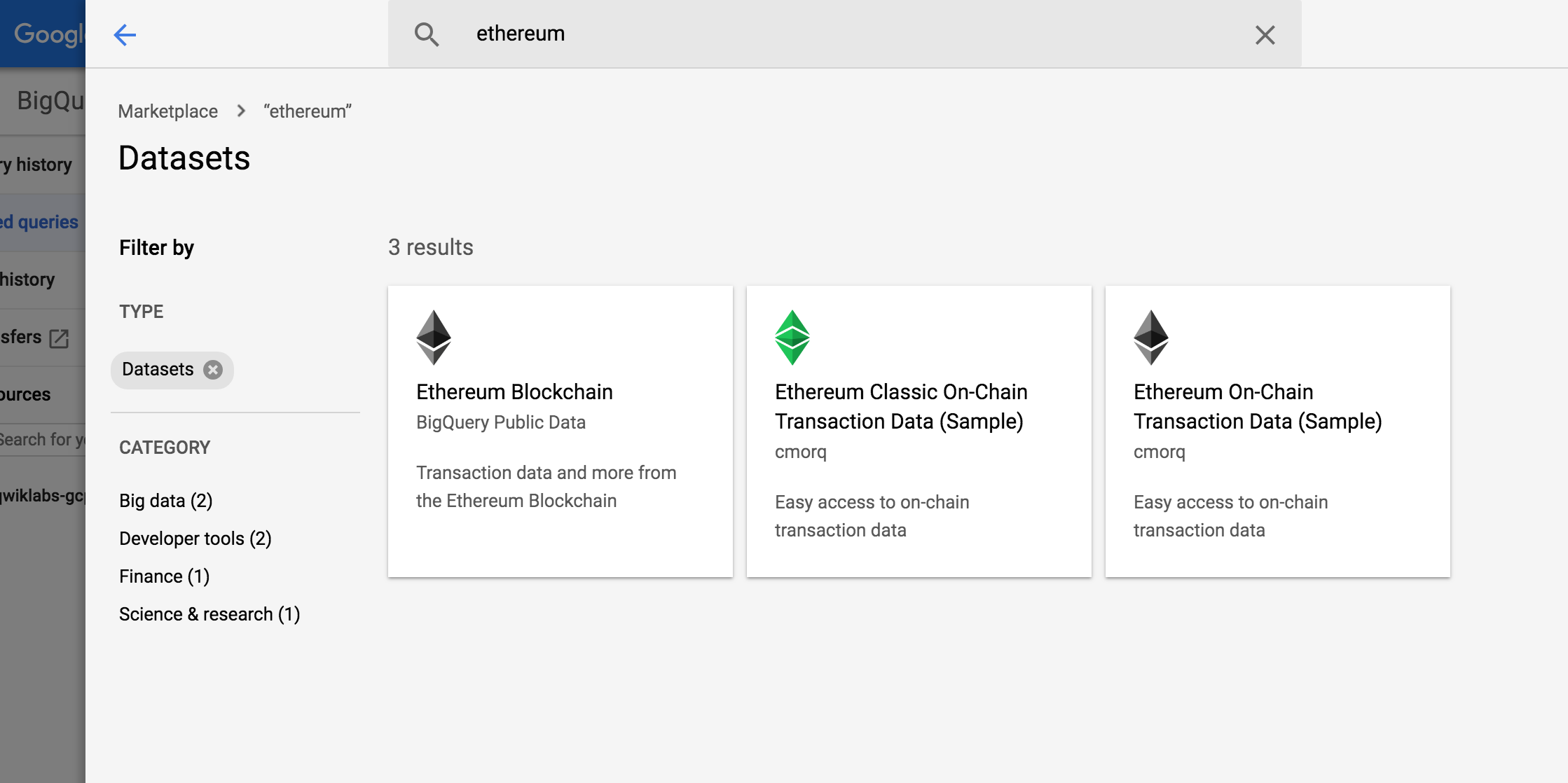 Ethereum transaction dataset on Google BigQuery as public dataset