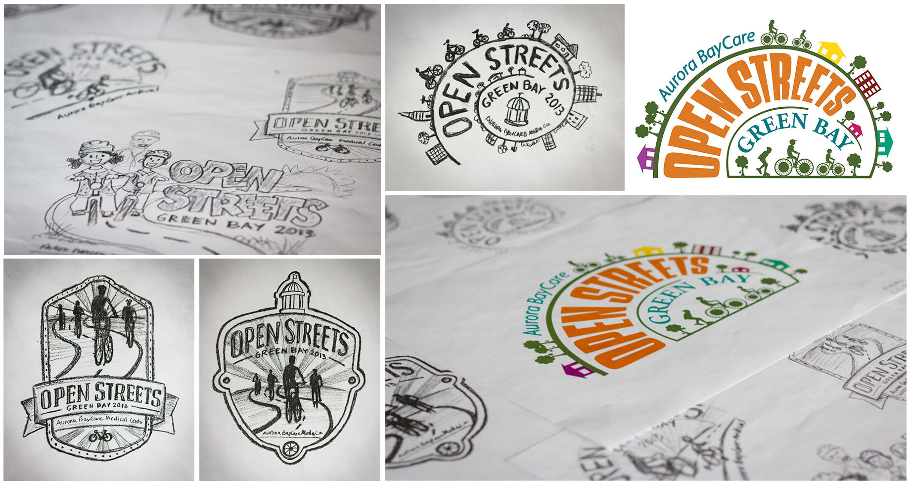 Open Streets logo sketches and final logo side by side
