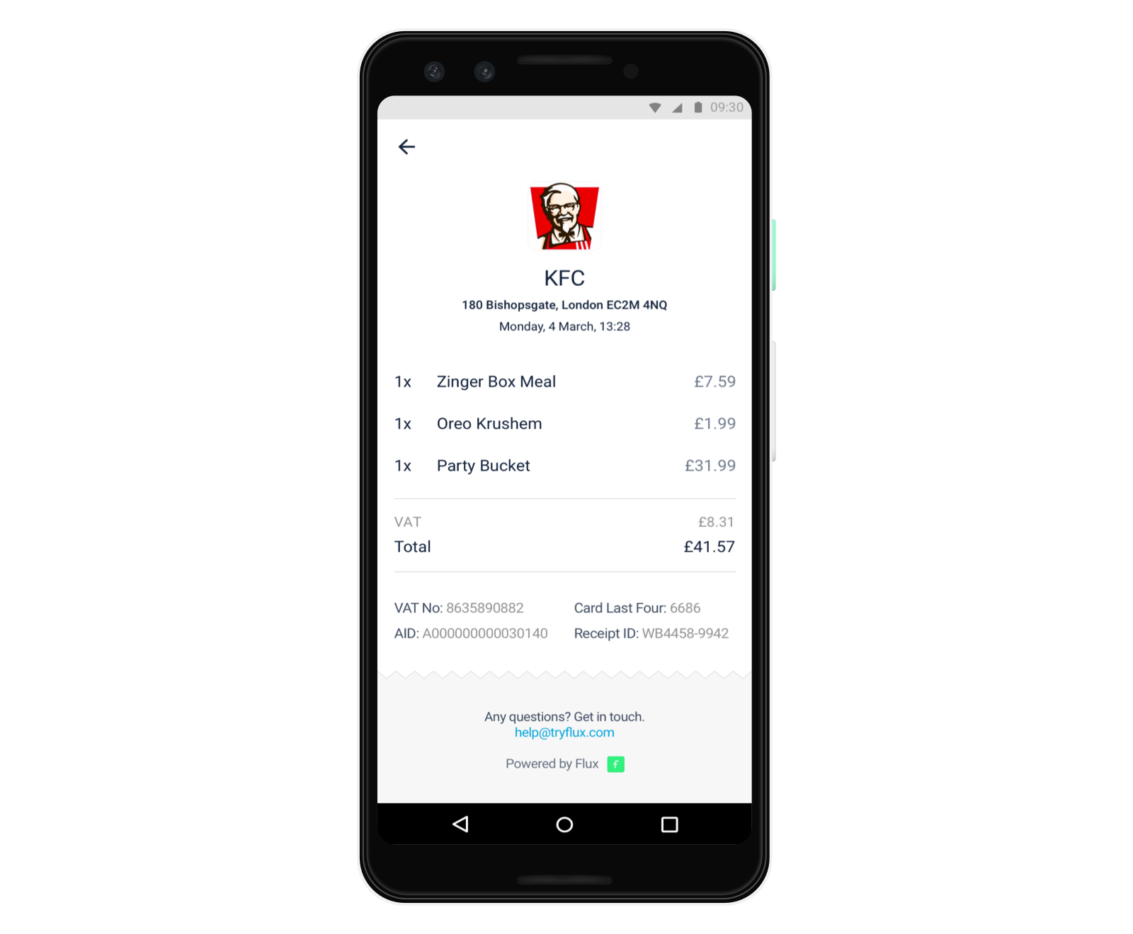 A KFC receipt through Flux.