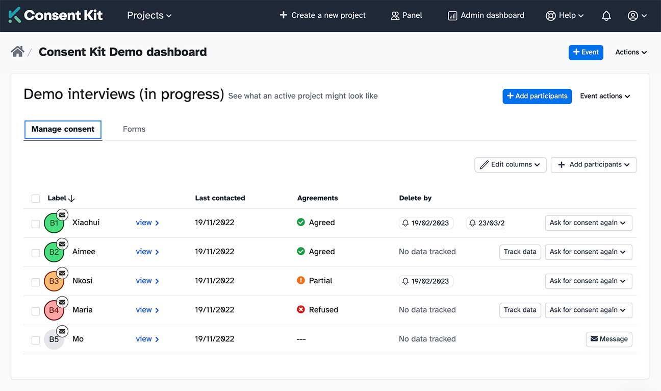 The project dashboard in consent kit - a single source of truth for your research