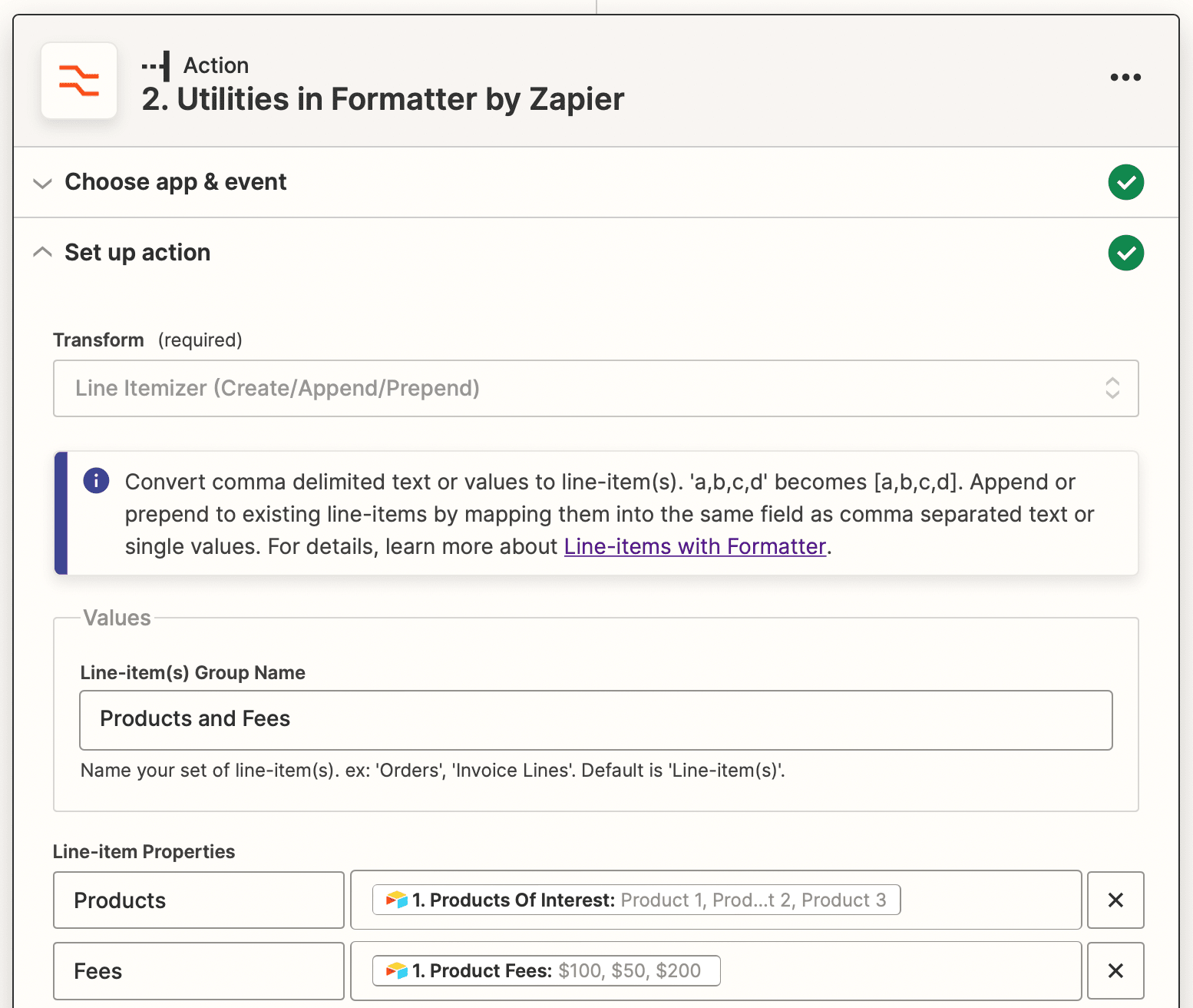 Screenshot of Zapier utilities in formatter action with line itemizer transform and action setup