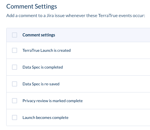 Comment settings for the Jira integration. 