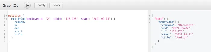 GraphiQL — Sending a Mutation request to change the start date