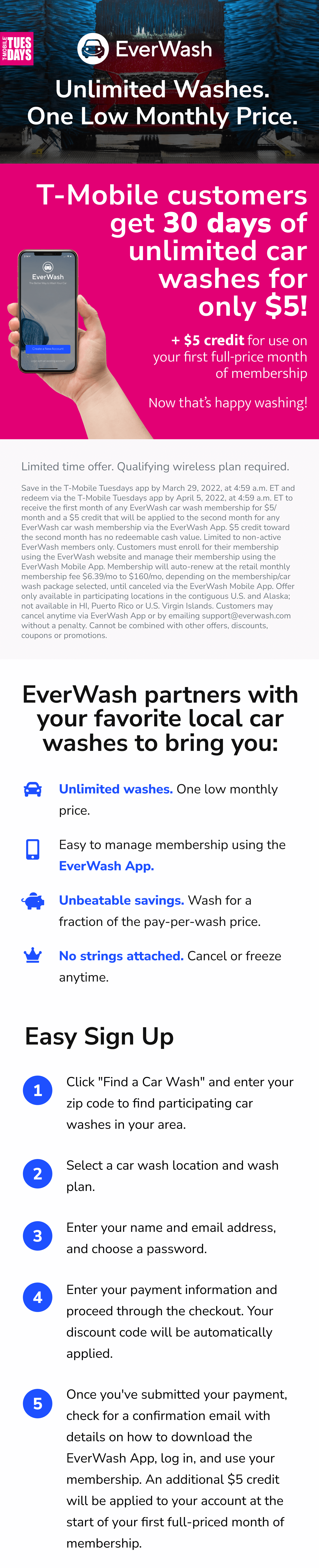 EverWash T-Mobile Tuesday 30 days of unlimited car washes for only $5!