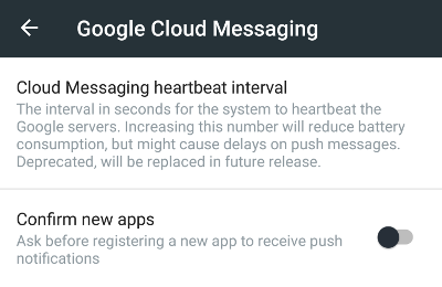 MicroG Google Cloud Messaging advanced settings.