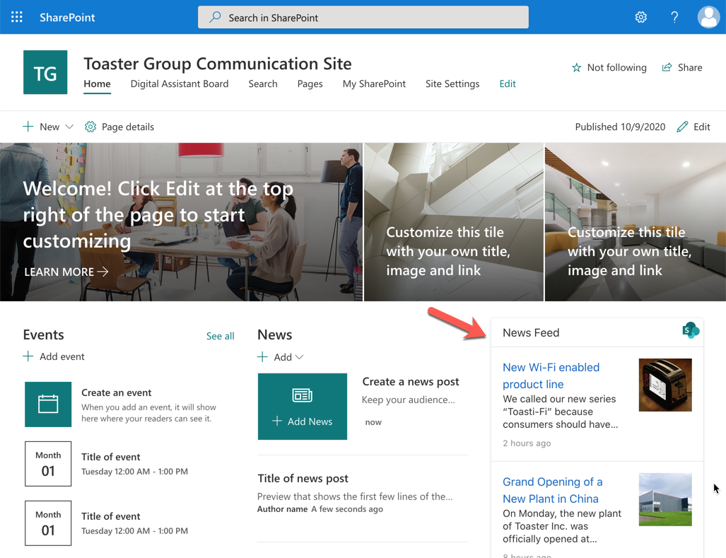 Example of a Digital Assistant Card embedded into a SharePoint modern team site