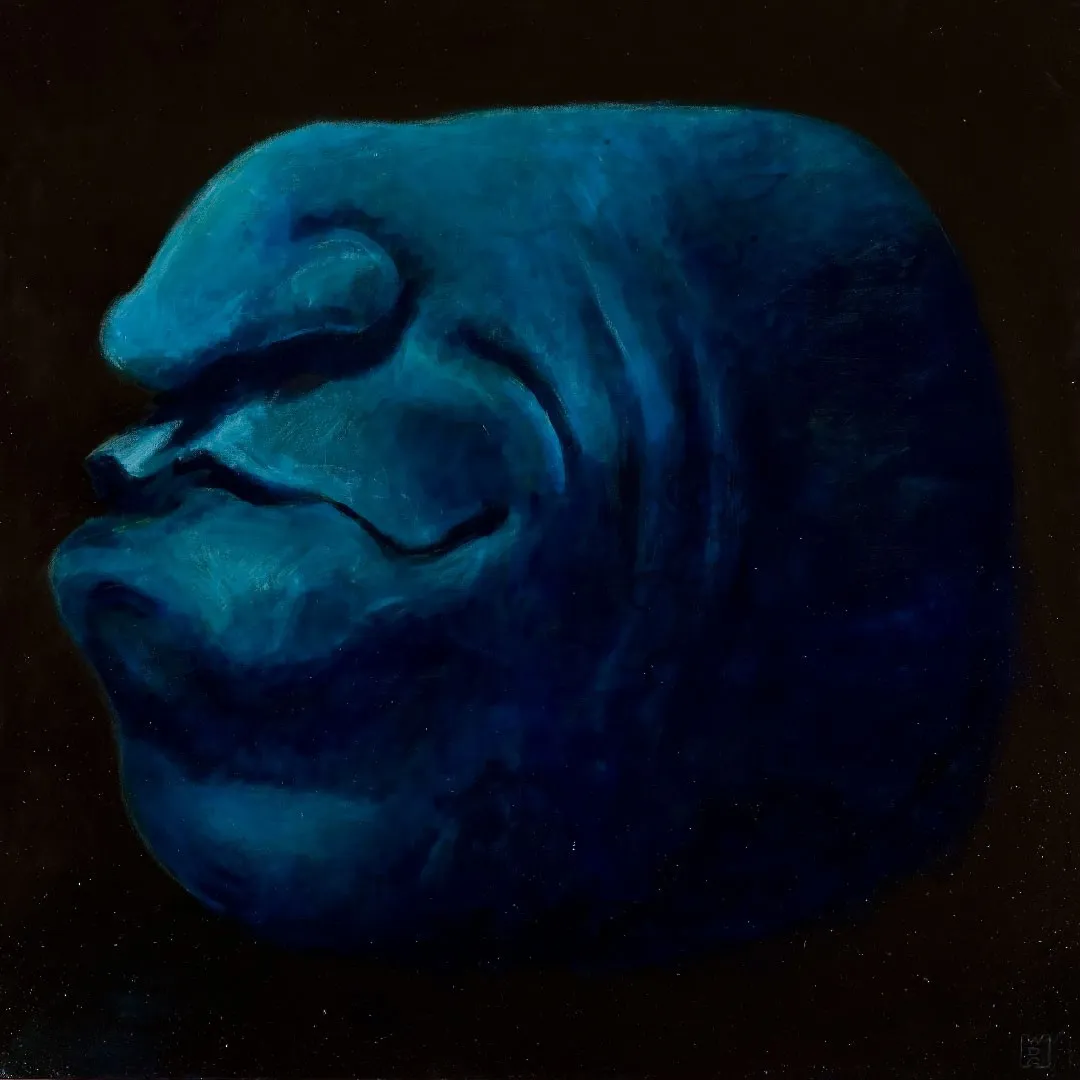 Een atmosferisch schilderij van een blauw fictie hoofd. Geschilderd door Ward De Graeve.