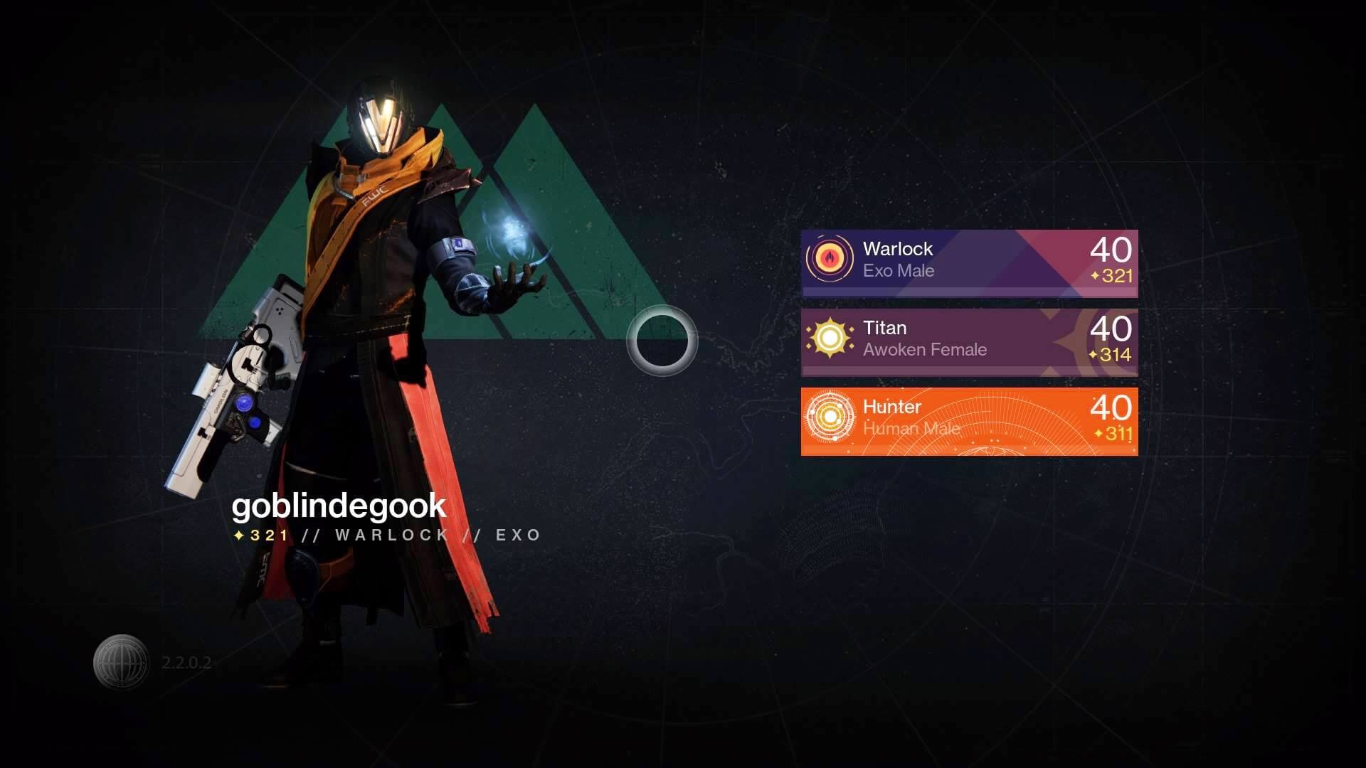 Destiny character selection screen showing my Warlock character.
