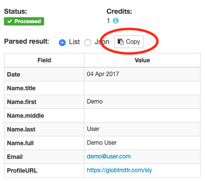 New copy parsed data to clipboard button