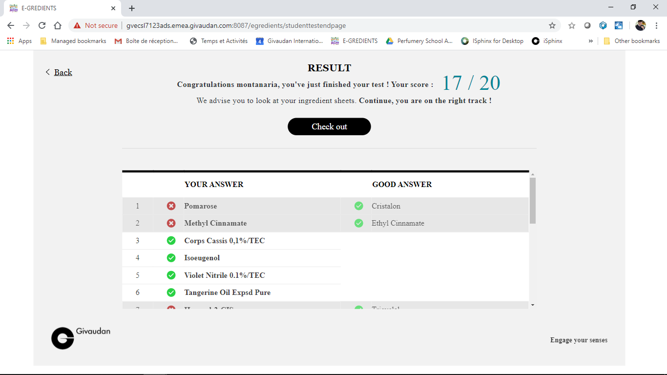 Application Givaudan : tableau de résultats et correction des réponses fausses