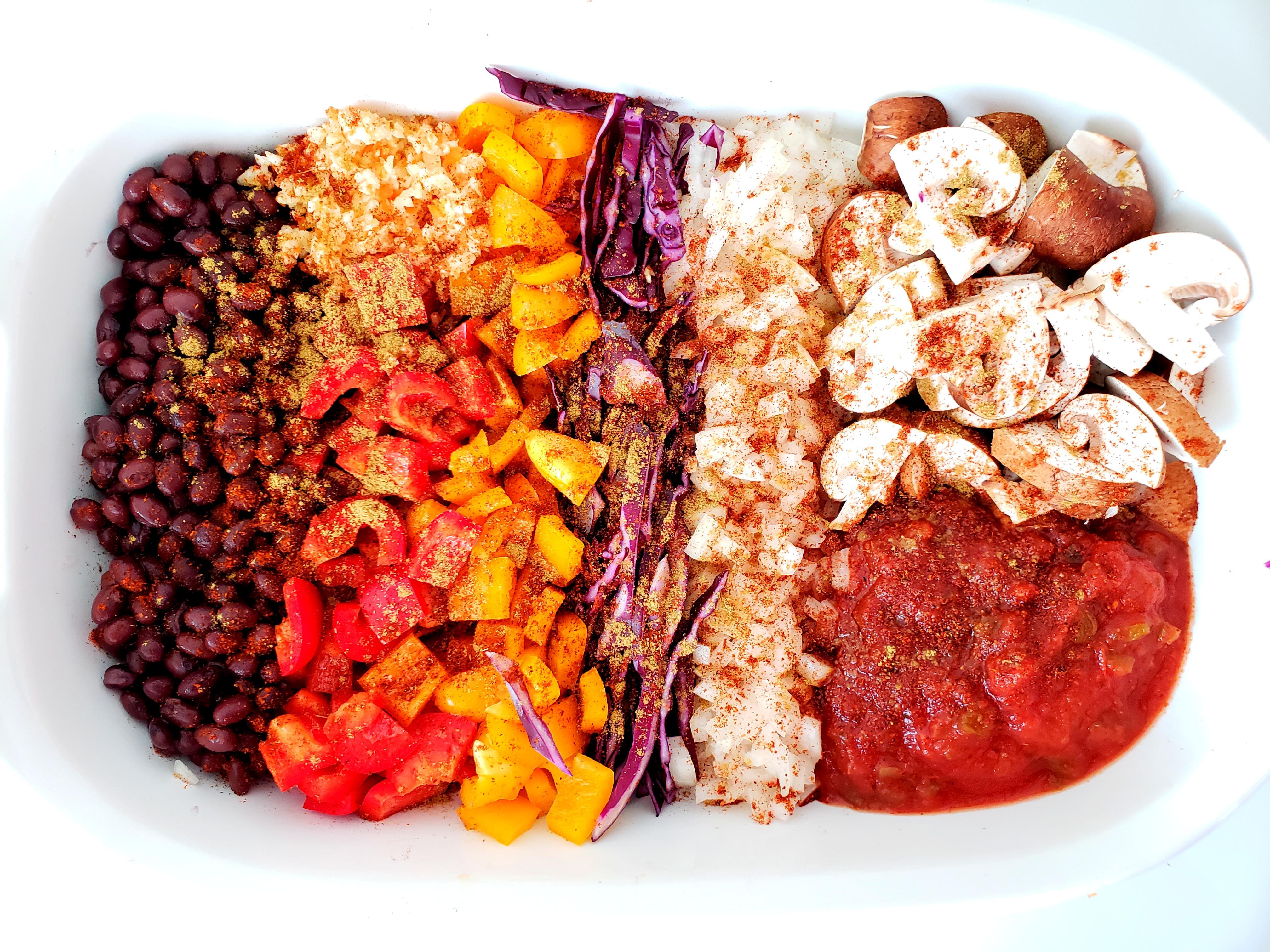 Salsa, Mushroom, Onion, Peppers, Black Beans in Casserole Dish