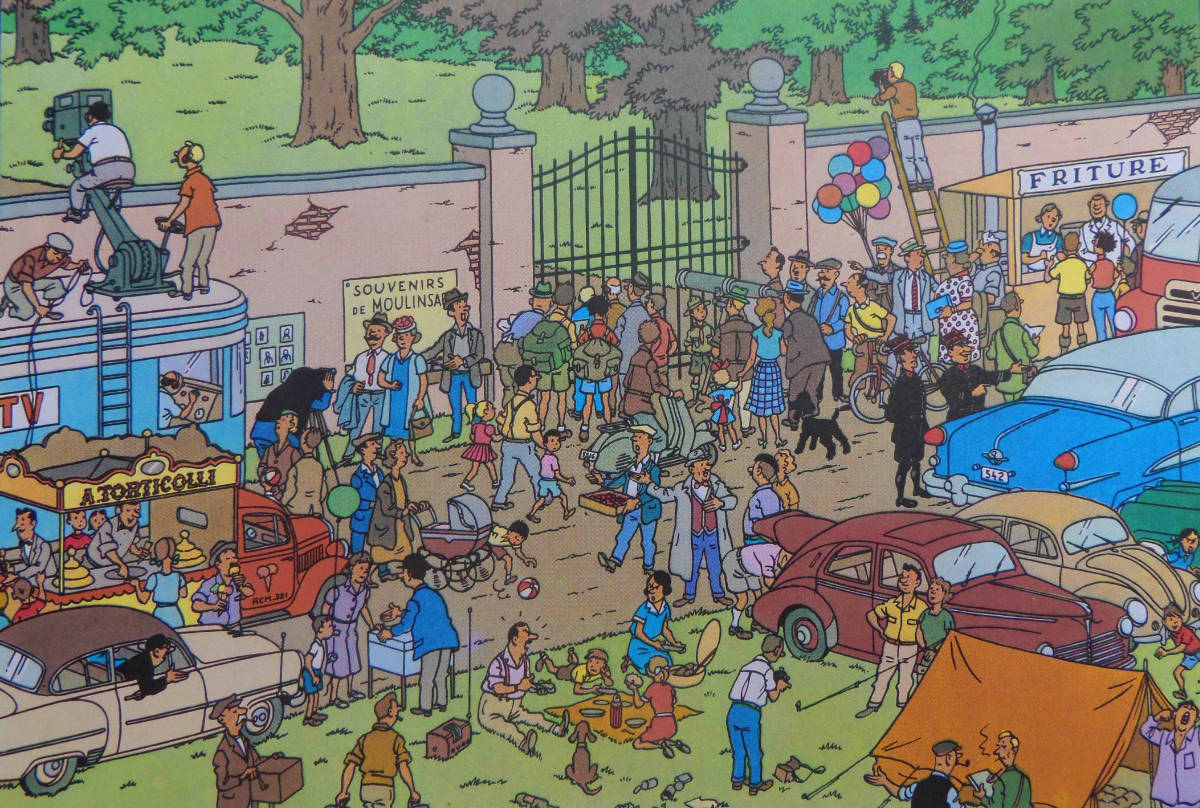 Comic: A large crowd of people, cars, and street vendors outside a gate with television crews peering over the wall.