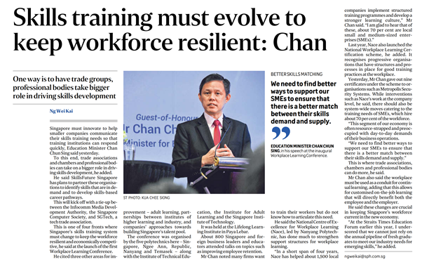 Image of The Straits Times newspaper article on Chan Chun Sing at Workplace Learning Conference