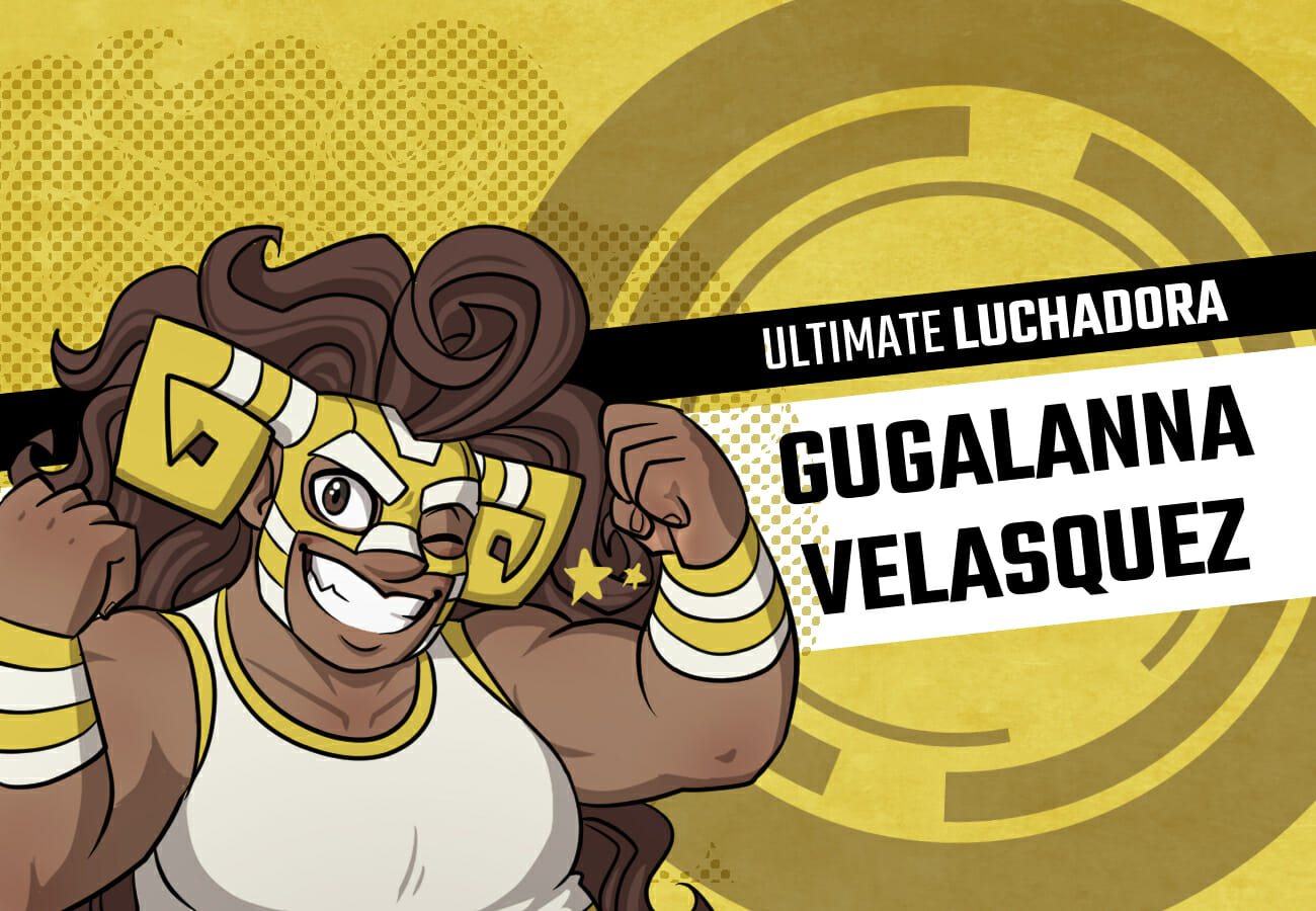 Introduction card for Gugalanna Velasquez, the Ultimate Luchadora. She's a very short, very buff girl with a magnificent mane of brown curly hair. She's wearing an extravagant gold-and-white wrestling uniform, and her mask bears a set of horns, like a bull or ram.