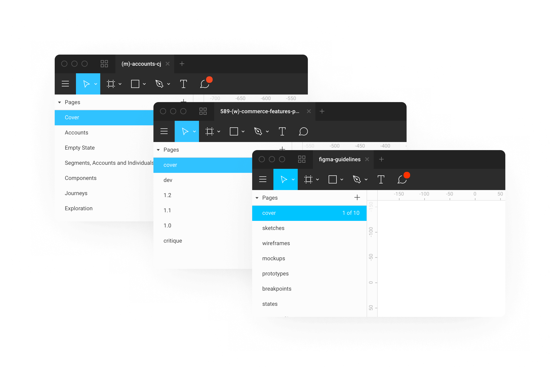 Two screenshots showing different ways to name Figma pages