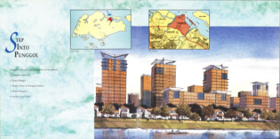 A two-page spread from a book about Punggol 21. The main illustration stretching across both pages is an artist's impression of waterfront housing in Punggol 21. A mixture of high-rise and low-rise buildings line a river.