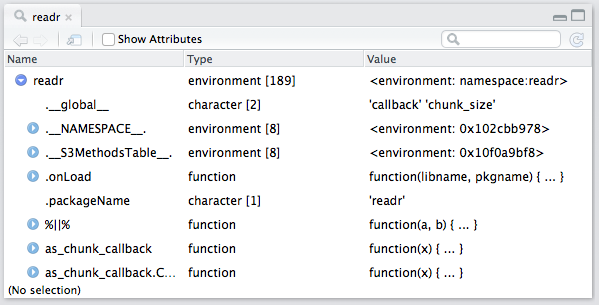 Object Explorer with readr Namespace