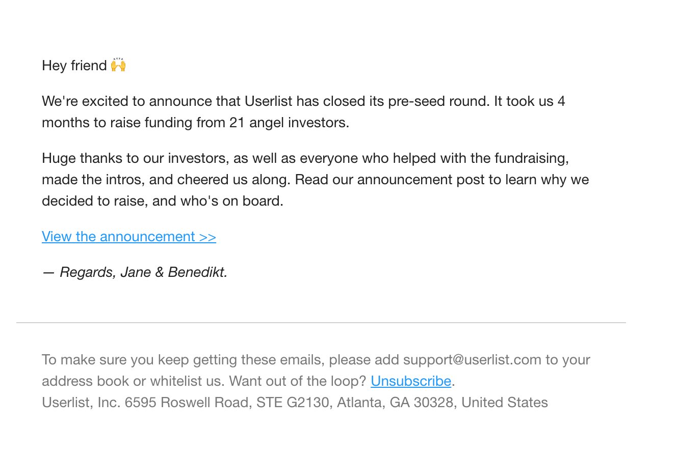 Funding Round Announcement Emails: Screenshot of Userlist's funding round announcement email