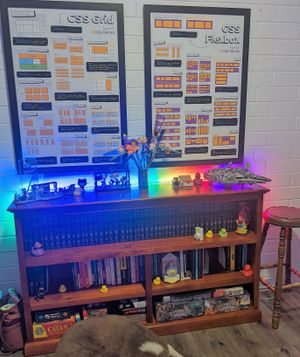 Two posters with information and graphics about CSS Grid and Flexbox, positioned above a bookshelf full of books and boardgames, with various assembled Lego sets on top of the shelf and rubber ducks positioned around the shelf