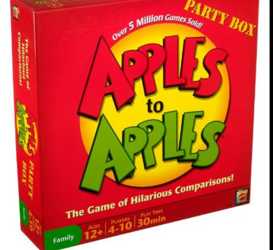 Apples to Apples (2+ aged players)  Apples to Apples contains red cards (with the moniker of a person, place, item, etc.) 