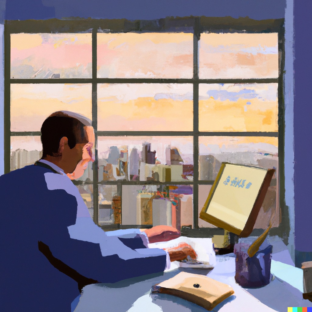 a painting in the style of edward hopper person creating a clean financial model on a computer sitting on a window sill overlooking a city skyline in the morning, by DALL-E 2