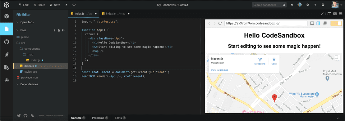 CodeSandbox Google Maps Component CodeSandbox Google Maps Component