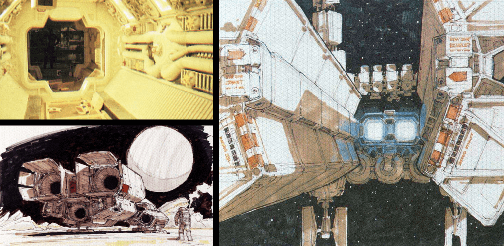 Different drawings from Ron Cobb. On the top left a picture from the set of Alien, showing an open bulkhead door in a white corridor. On the bottom left a drawing of the back of the spaceship Nostromo, landed on a planet, with an astronaut to the right. On the right another drawing of a spaceship in space, two large white quarter-structures surrounding a blue glowing engine exhaust.