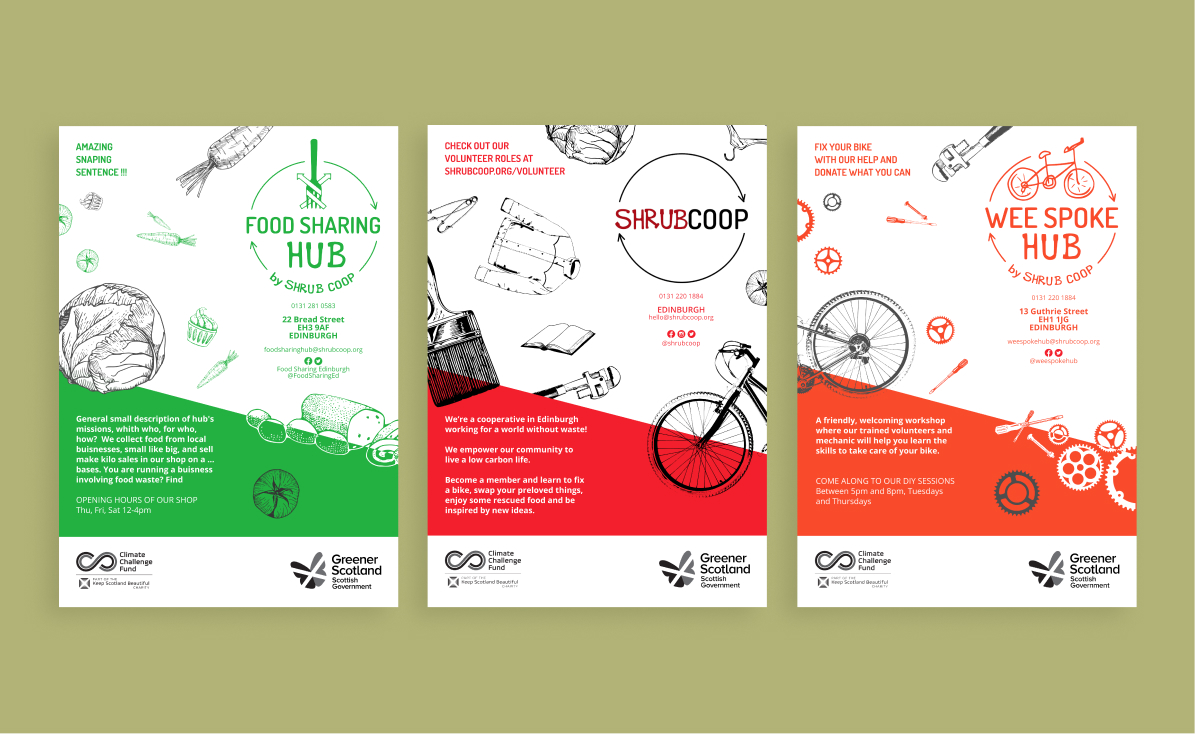 Set of four SHRUB Coop flyers with grey & black, green, red, and orange outlines. Illustrations are cropped by a colored diagonal footer.

