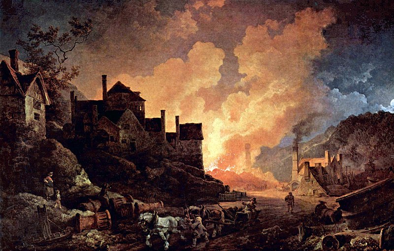 Painting of a village lit by coal fires