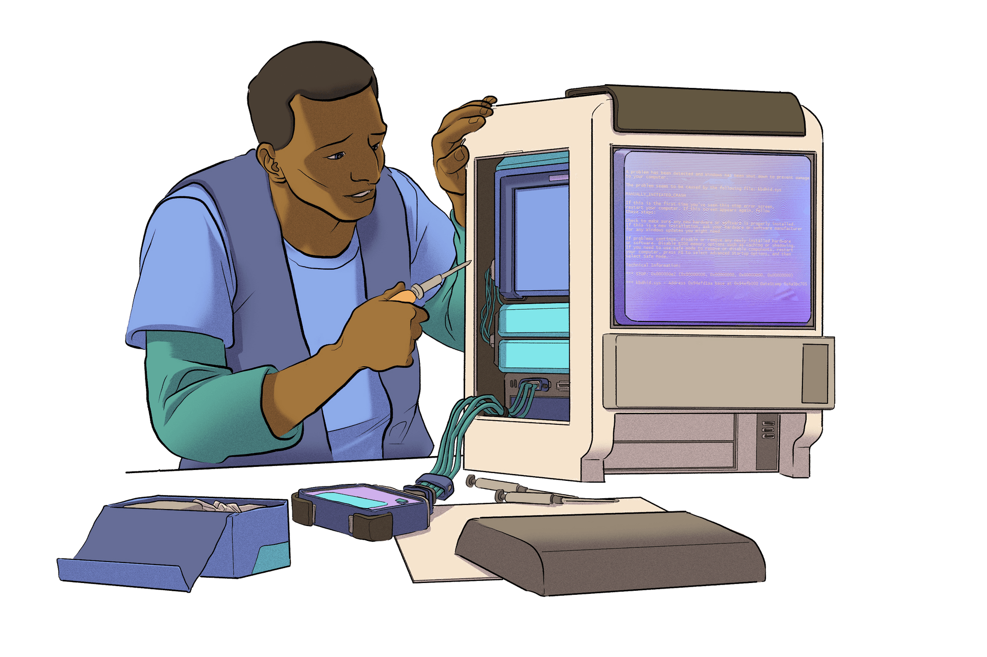 Иллюстрация человека, работающего на компьютере.