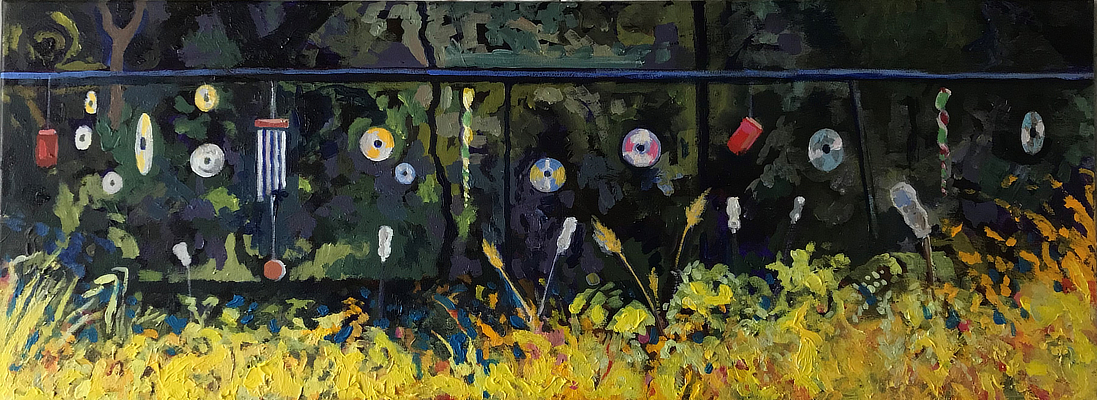 painting of old compact discs hanging in an allotment
