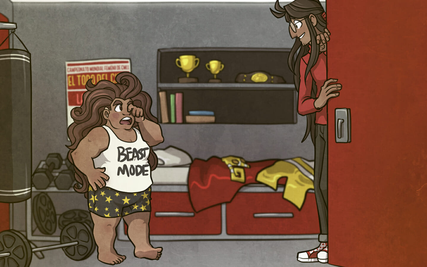 Gugalanna shows Tim into her room. She's wearing short shorts and a tank top that says "Beast Mode."