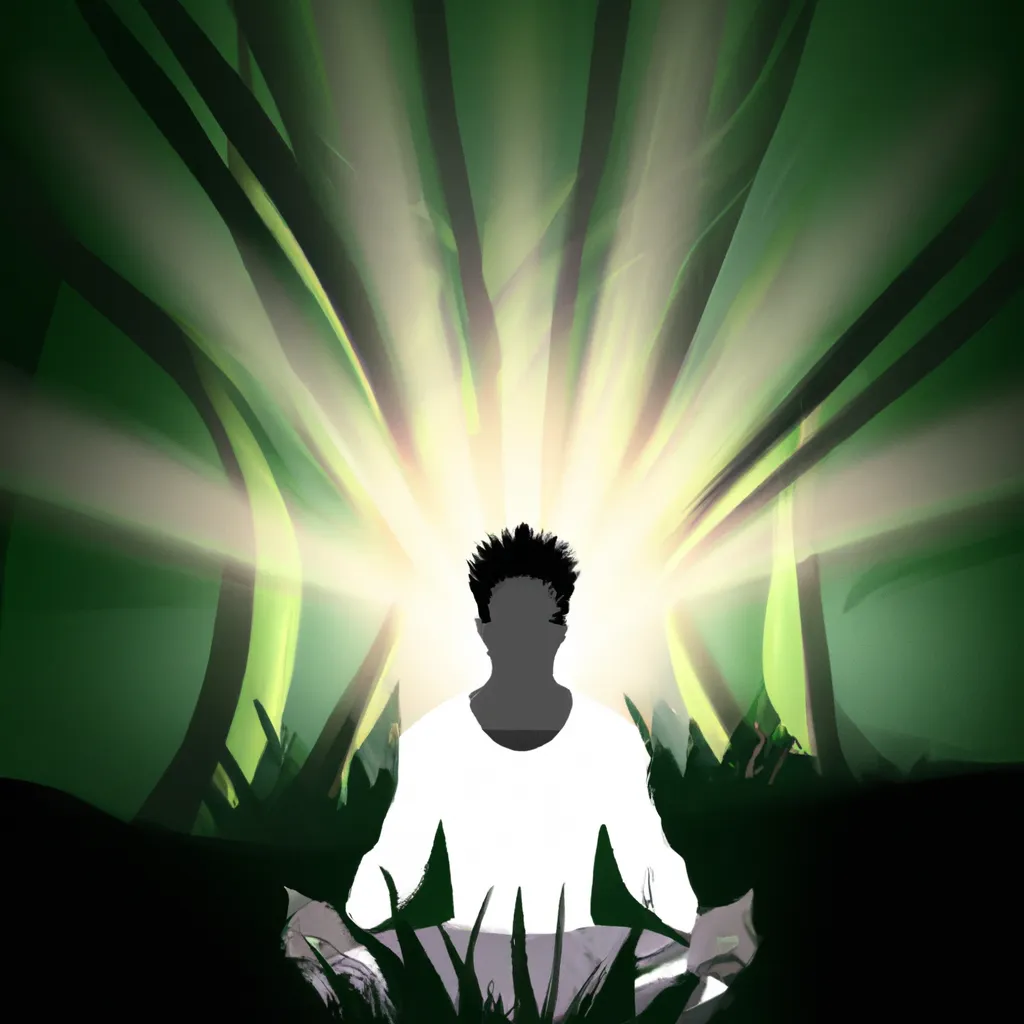 An image of a person meditating in a serene environment, with a bright light shining from within them.
